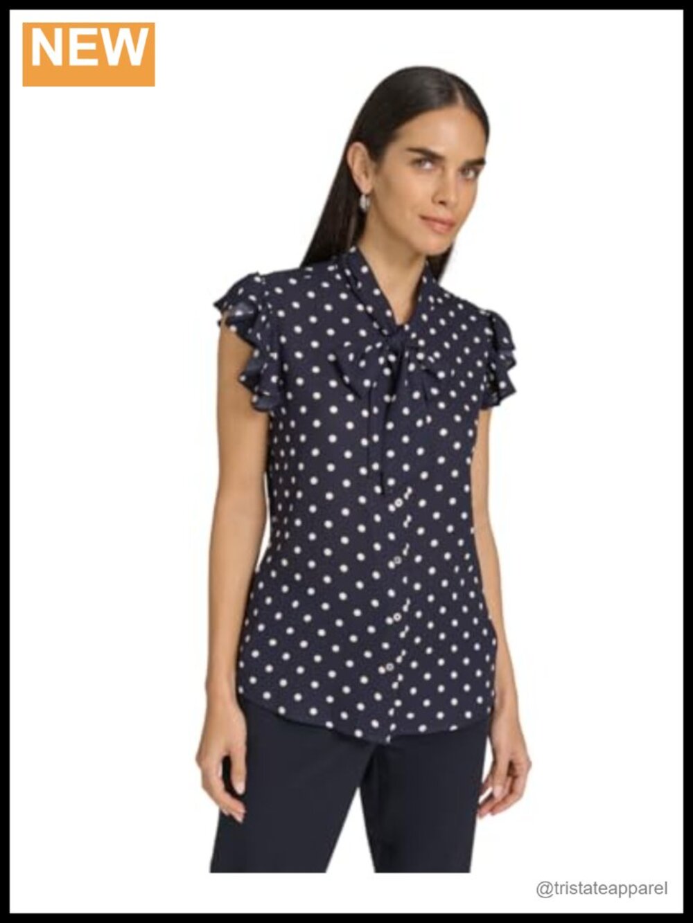 Sleeveless Polka Dot Blouse with Tie Neck 100% Polyester